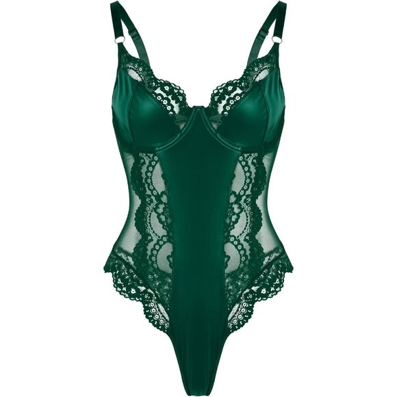 Lilosy Black Leather Push Up Lace Sheer Underwire Corset Lingerie Women Teddy - Picture 3 of 6